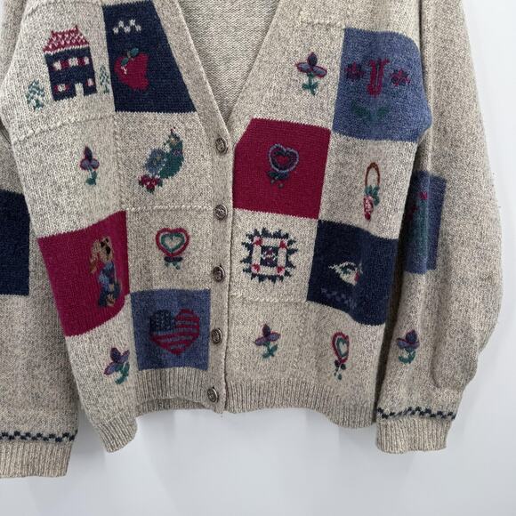 Woolrich Cardigan Sweater Womens XL Oatmeal Wool Patchwork Quilt Hearts Granny - Picture 2 of 11